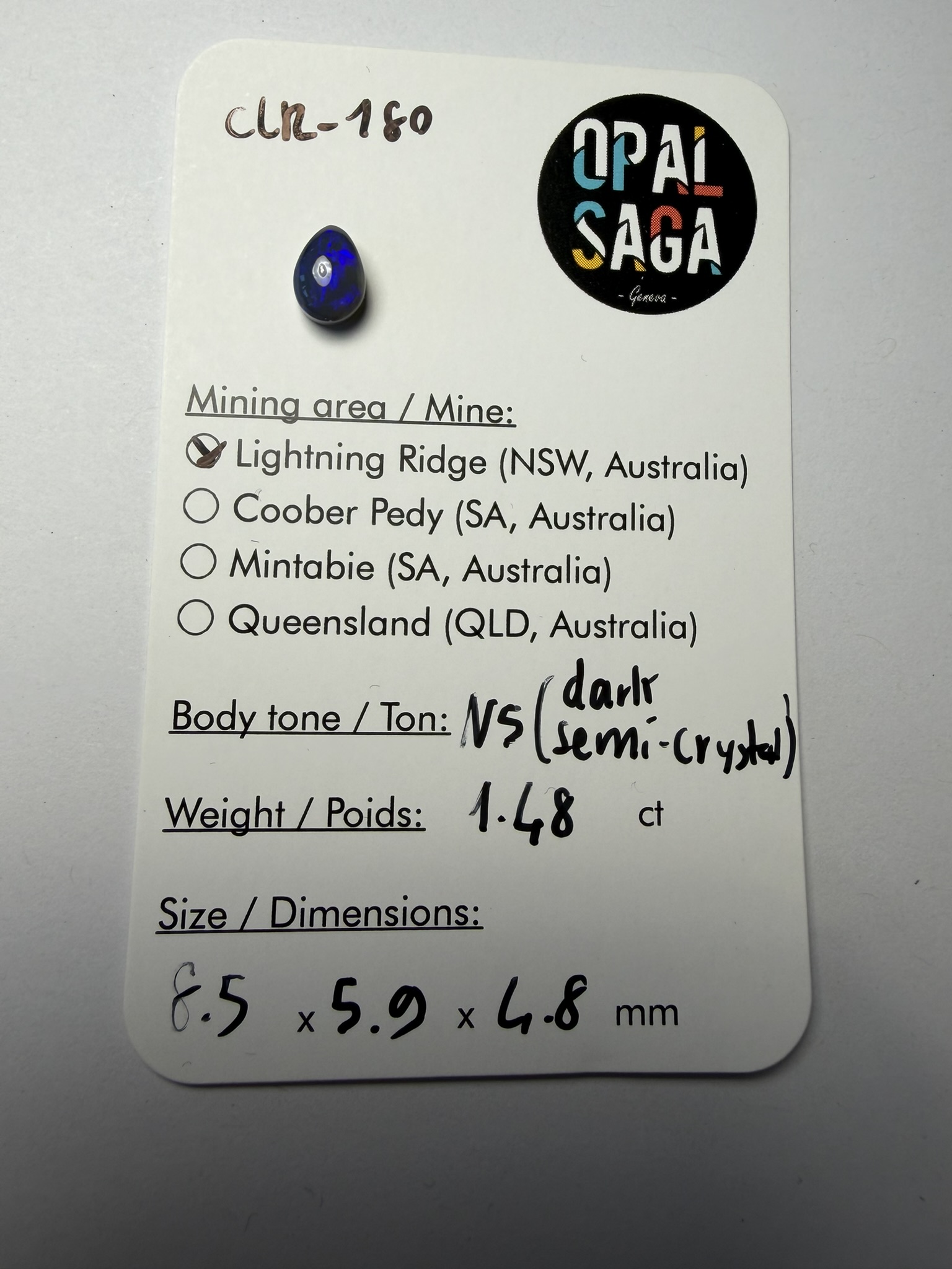 Opale semi-cristal foncée australienne de Lightning Ridge de 1.48 ct (cLR-180) – Image 3