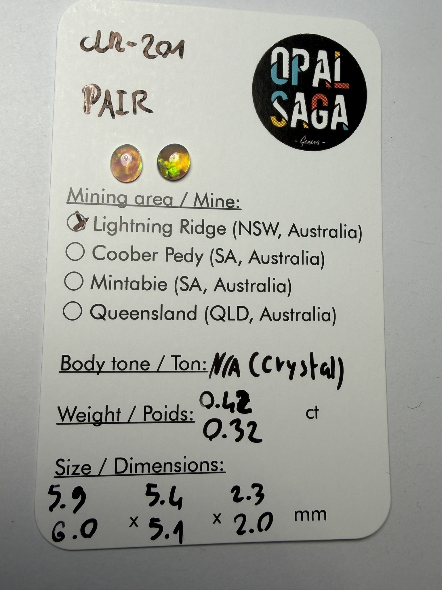 Paire d'opales cristal australiennes de Lightning Ridge de 0.74 ct au total (cLR-201) – Image 2