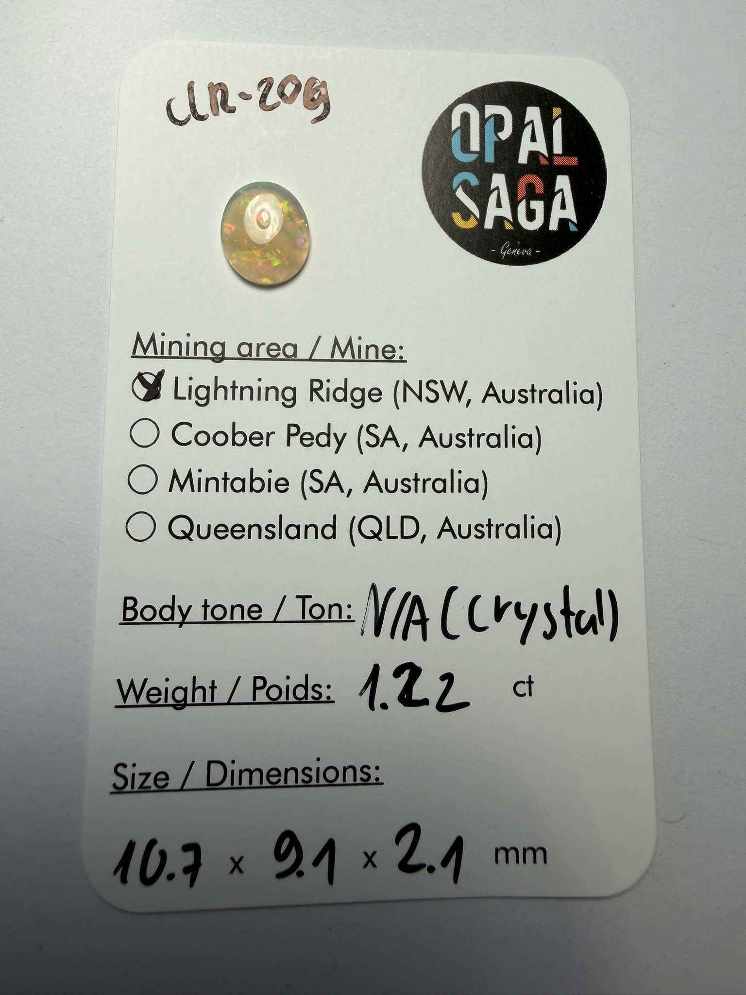 Opale cristal australienne de Lightning Ridge de 1.22 ct (cLR-209) – Image 3