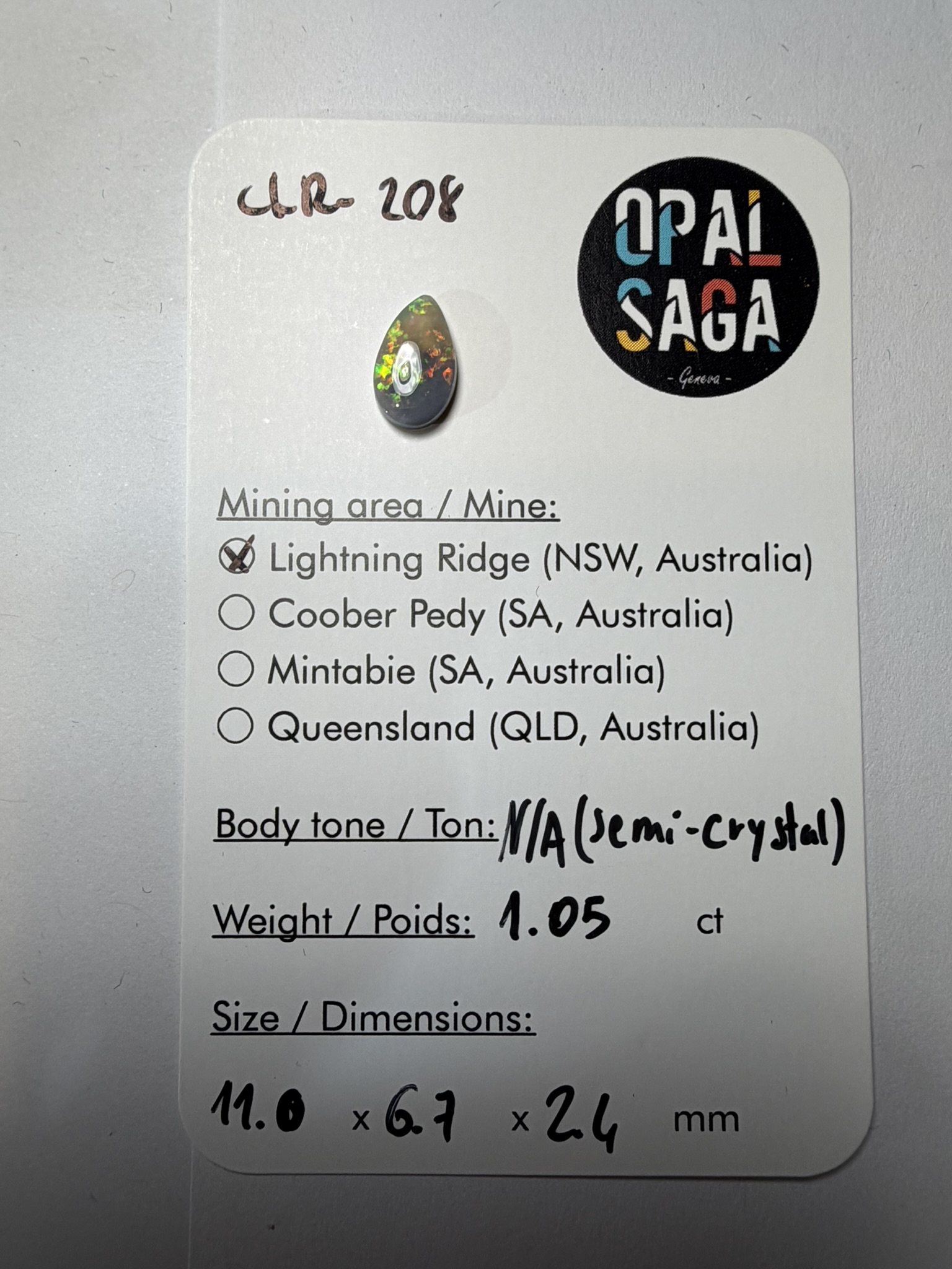 Opale semi-cristal australienne de Lightning Ridge de 1.05 ct (cLR-208) – Image 3